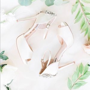 Badgley Mischka ivory satin studded shoes